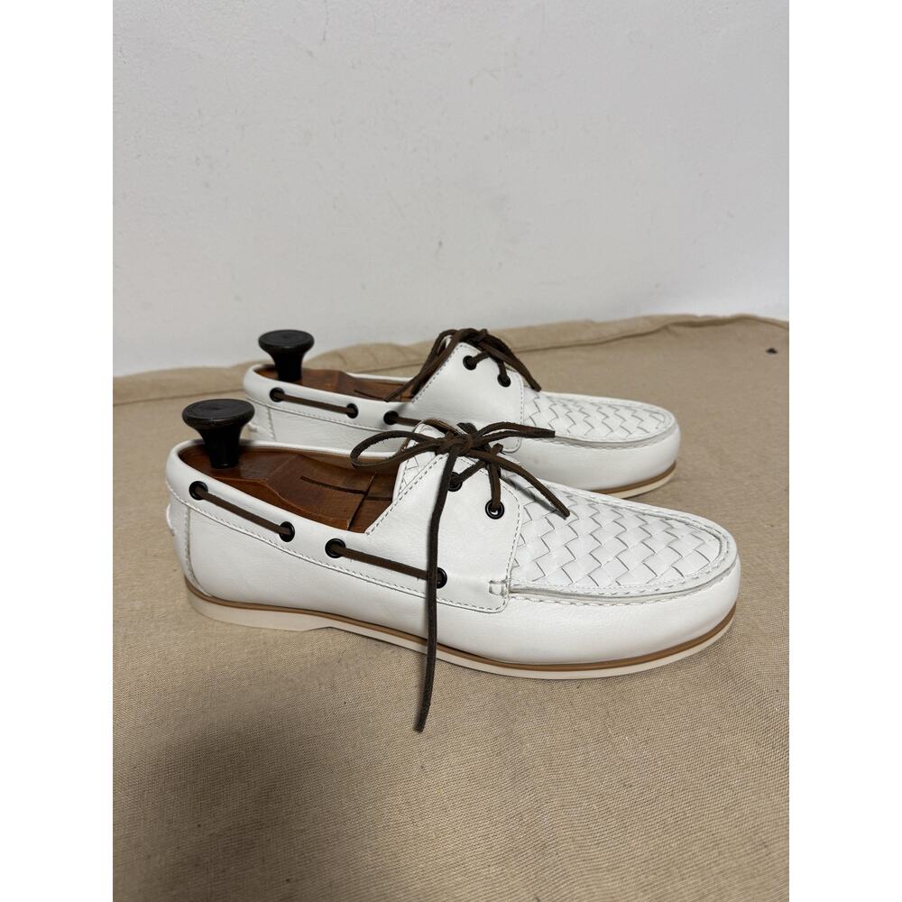 Bottega Veneta Boat Shoes Mens Size 8.5 White Intrecciato Leather Made in Italy